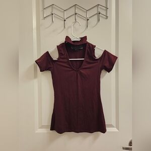 Poly&Esther Burgundy Cold-Shoulder Choker Top